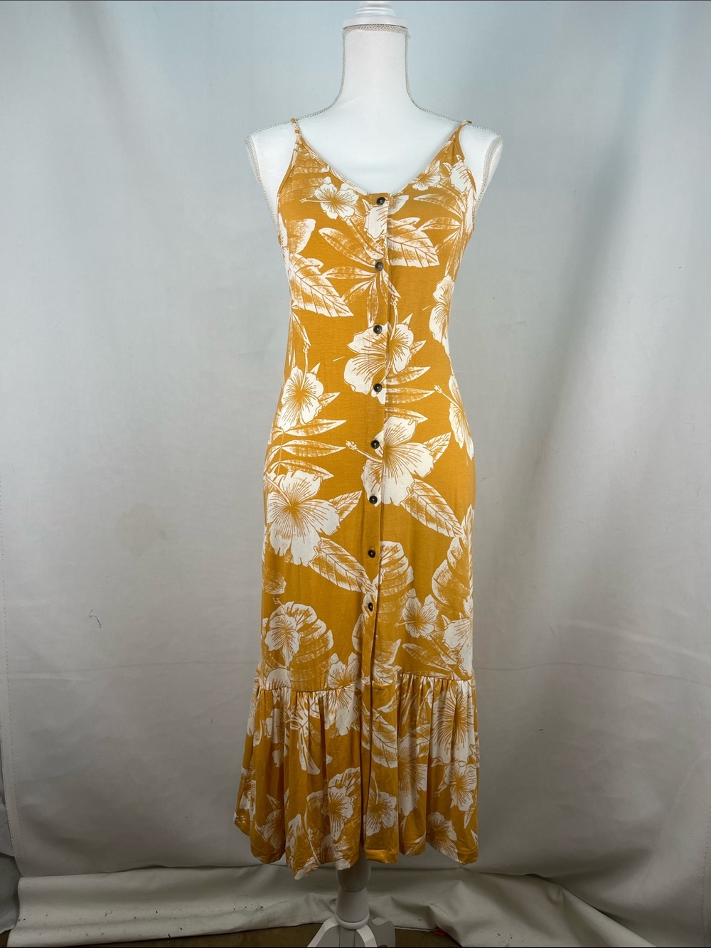 Spaghetti-Strap Mustard Floral Maxi Dress with Button Front